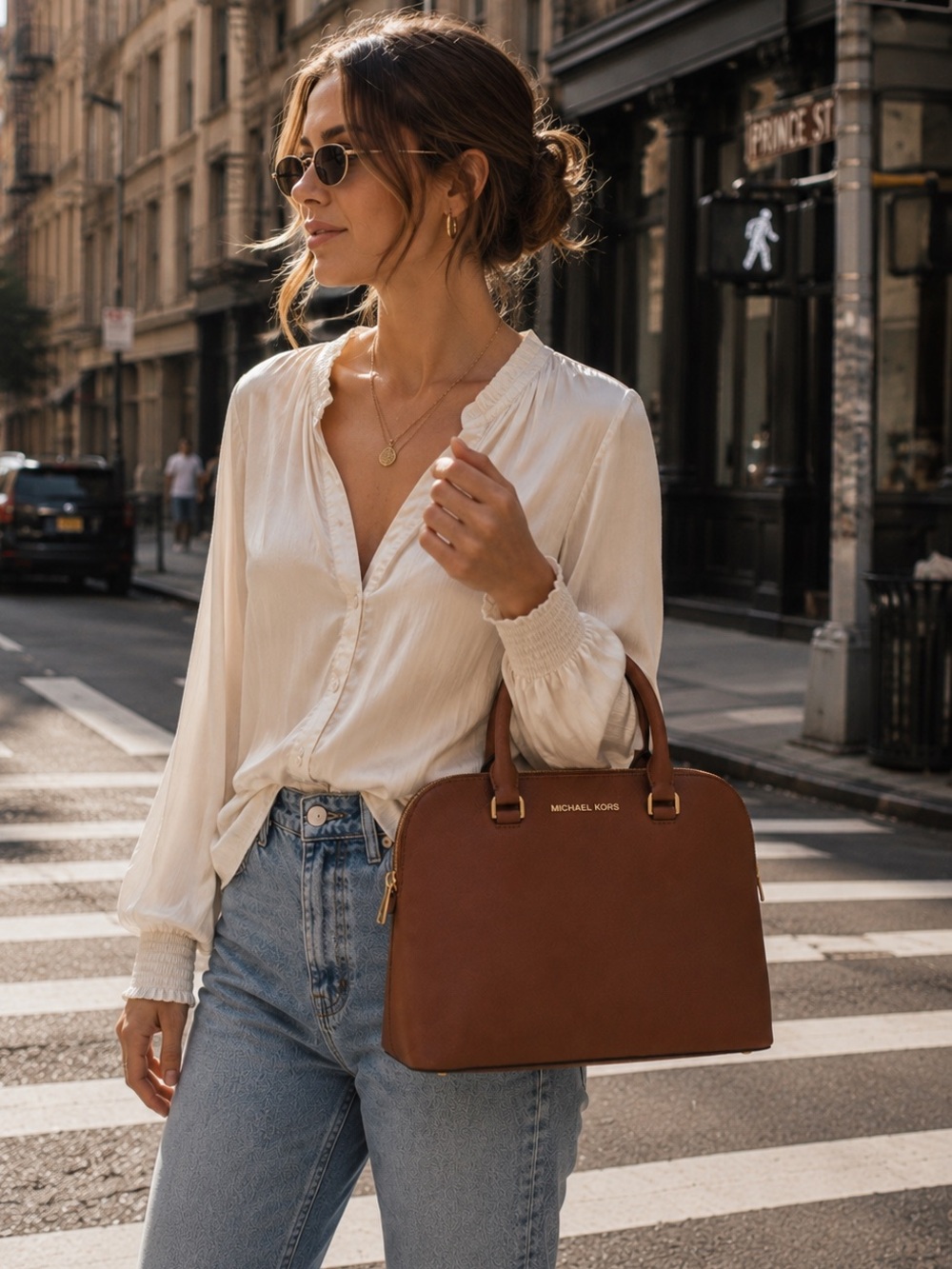 Michael Kors Chestnut Brown Saffiano Dome Jet Set Travel Satchel